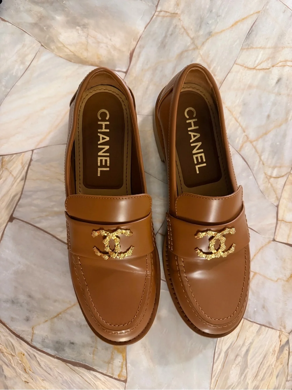 CHANEL Tan Leather Men's Loafers with Gold CC Motif